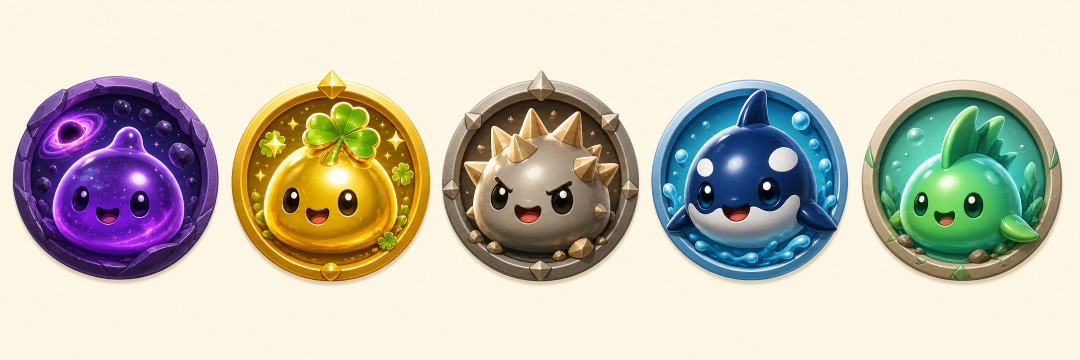 Badge portraits of Void Slime, Huge Lucky, Huge Spike, Orca, and Fin